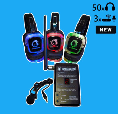 50 Headphones & 3 Transmitters (3 Channel SX-809 & TX-300) – New